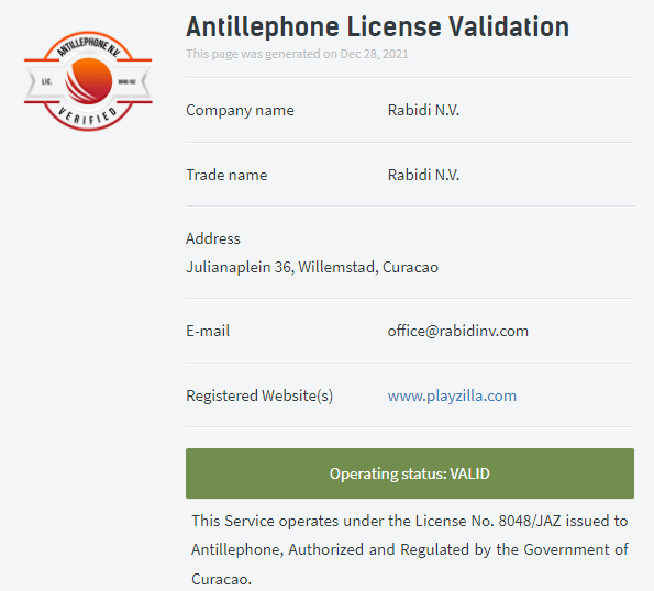 PlayZilla Casino License