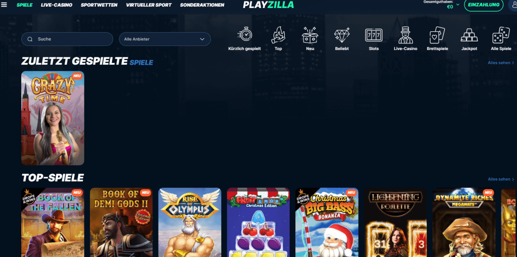 PlayZilla Casino Game Selection