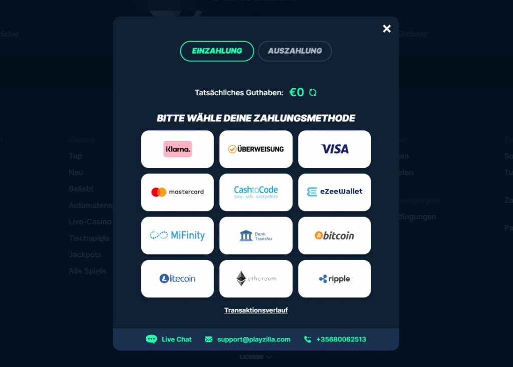 PlayZilla Deposit Methods