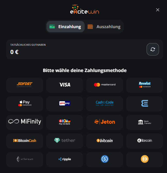 Excite Win Deposit Methods